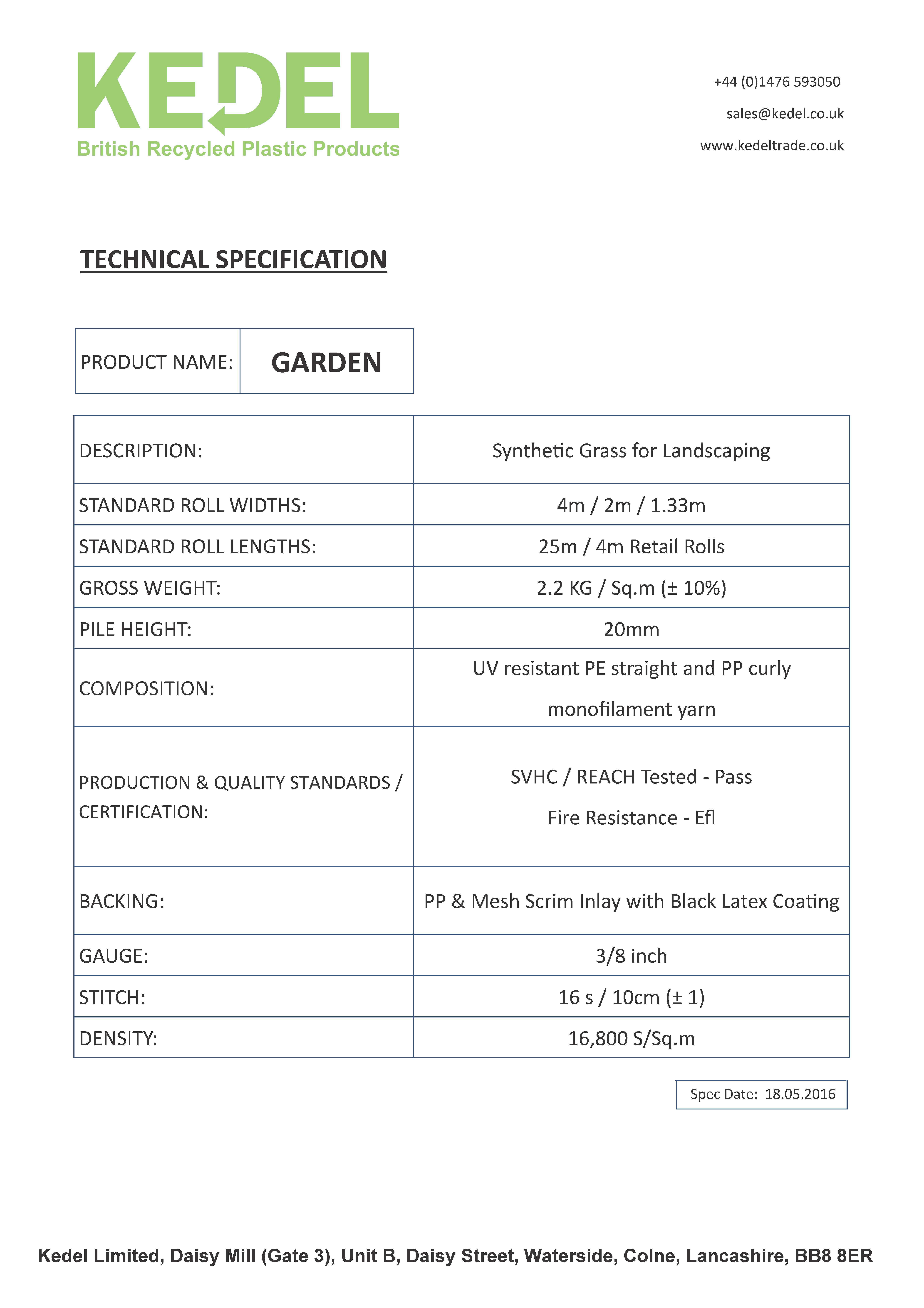 Garden Grass specification Kedel limited